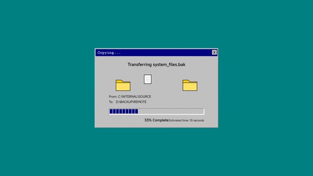 File transfer dialog box shows a system process moving data between two folder icons on a teal background with a loading bar indicating the current progress of the digital operation in real time.