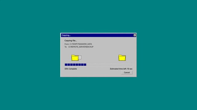 Progress bar window displays a file copying operation in a classic operating system interface with yellow folder icons and blue status indicators on a solid teal background for digital documentation.