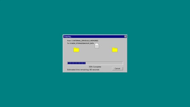 Computer interface displays a file transfer progress bar indicating that data is being moved between two digital folders on a solid teal background.