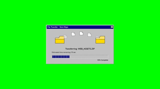 File transfer window illustrates digital assets moving between two directories on a classic operating system interface with a progress bar indicating completion status.