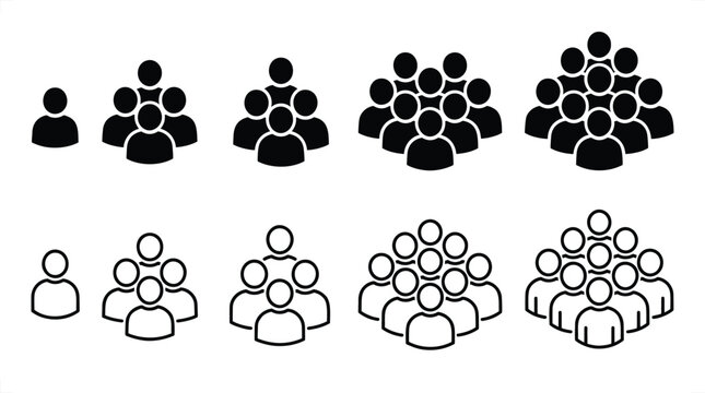 Set of black silhouette and outline human figure arranged in increasing crowd sizes from a single person to large groups on white background