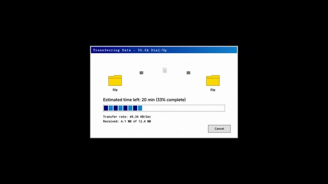 Progress bar window displays a file transfer operation between two yellow folders on a black background, indicating that the data migration is currently fifty-five percent complete.