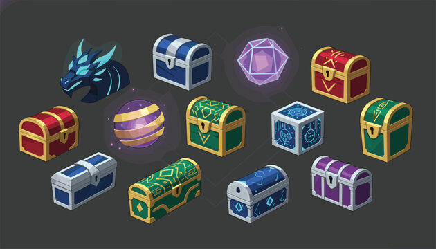 Fantasy RPG game chest and magical items asset collection featuring glowing treasure boxes and mystic dragon elements.