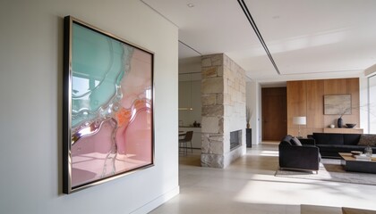 Obraz premium Displaying metal framed abstract art reflecting light on left hall wall, stone pillar, copy space