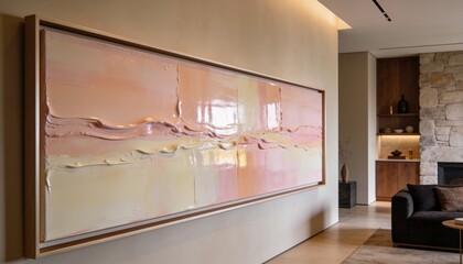 Obraz premium Displaying large horizontal abstract painting with wooden frame in modern living room, with sofa