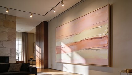 Obraz premium Featuring large abstract painting catching sunbeams in living room, with black sofa, copy space