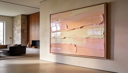 Obraz premium Displaying large framed abstract painting on right wall in living room, with sofa and fireplace
