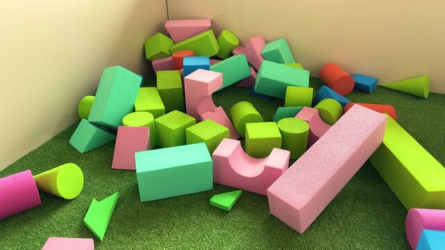 Soft large colored shapes in a children's play area, safe indoor playground, creative recreation, early childhood activity.