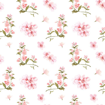 Hand-Drawn Seamless Floral Background with Botanical Flowers, Roses, Lotus, Hearts, Leaves and Blossoms | Elegant Spring Summer Nature Wallpaper Pattern | Soft Pastel Vector Line Art for Fabric, Texti