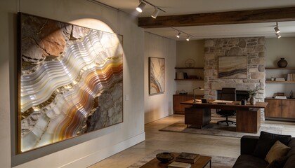 Obraz premium Showing agate artwork on left wall lit by spot, with desk, leather chair, fireplace, copy space