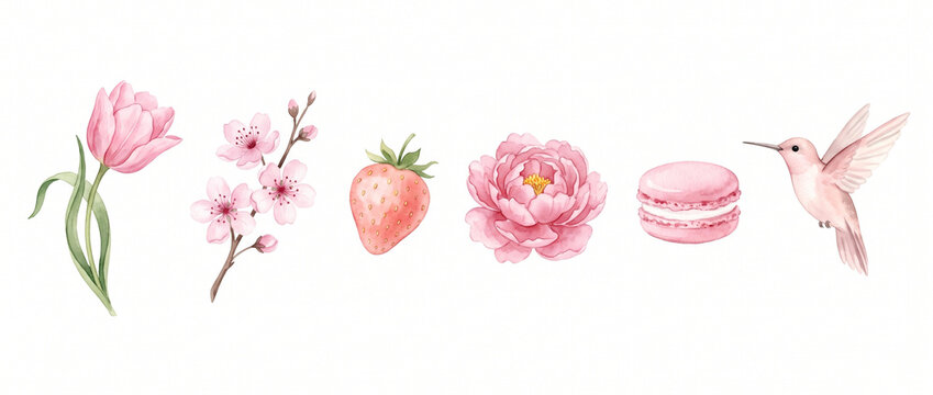 Pink floral and dessert elements with a hummingbird illustration  