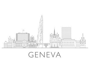 Obraz premium Geneva skyline, Switzerland. Urban cityscape with landmarks and monuments. Hand drawn line art digital skyline illustration.