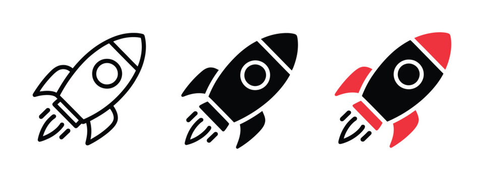 Rocket launch icon set, startup growth, business progress, innovation, space exploration symbols, minimalist outline and solid styles, isolated on transparent background, vector illustration.