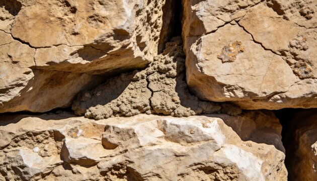 Highlighting central limestone cluster showing cracked faces and packed mud in crevice, sunlit