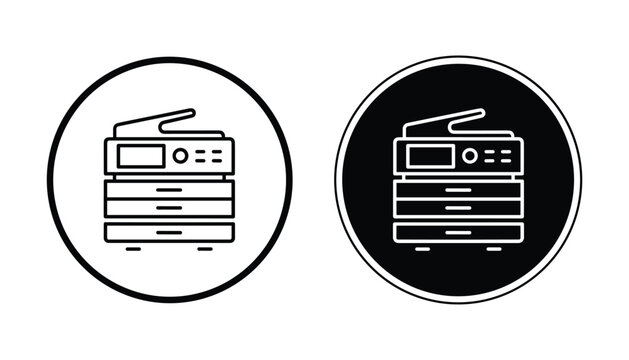 Office printer and scanner machine icon in professional flat vector style for document management and business equipment branding isolated on white background with black line art and solid