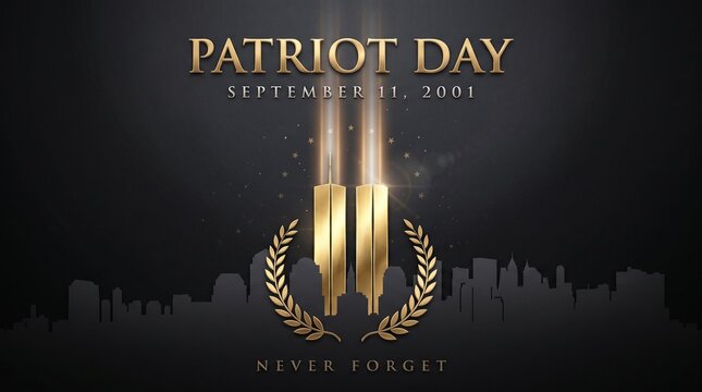 Luxury editorial poster design for 9/11 remembrance day, elegant gold foil lettering &ldquo;Patriot Day &ndash; September 11, 2001&rdquo;. Deep black background with reflective metallic