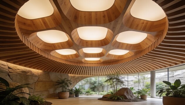 Featuring circular wooden ceiling with radial slats and oval lights in lobby atrium, with boulder