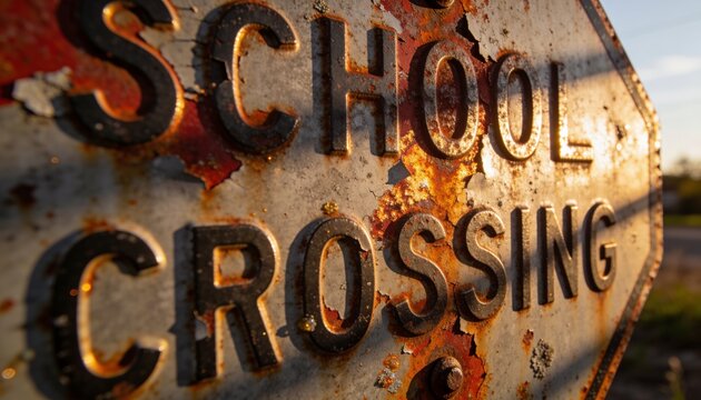 Displaying weathered SCHOOL CROSSING sign roadside, with raised letters, peeling paint, rust, bolts