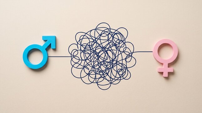 Gender communication concept with tangled thread, blue male and pink female symbols connected by messy knot, relationship psychology metaphor