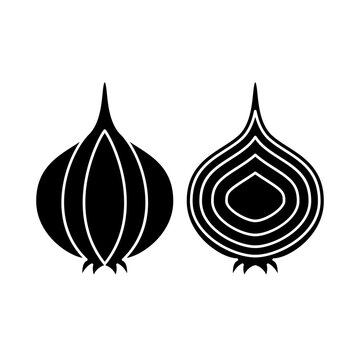 This is a minimalist vector illustration of a Onion icon, featuring a simple, clean, and solid glyph style. The icon can be used as a symbol, sign, or logo.