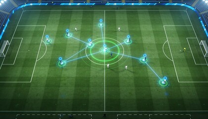 Obraz premium Showing glowing HUD network linking midfield players on stadium pitch, showing light and dark kits