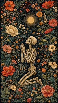 A striking piece of memento mori art featuring a praying skeleton amidst a lush, dark floral tapestry under a golden sun.