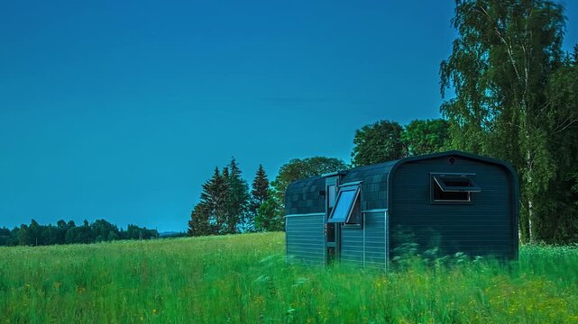 View of a modern dark-colored tiny house in a lush green meadow surrounded by trees in LATVIA.