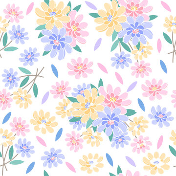 Hand-Drawn Seamless Floral Background with Botanical Flowers, Roses, Lotus, Hearts, Leaves and Blossoms | Elegant Spring Summer Nature Wallpaper Pattern | Soft Pastel Vector Line Art for Fabric, Texti