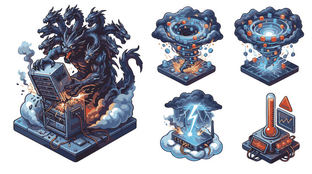 Typhon crushing server rack hardware failure icons in isometric vector