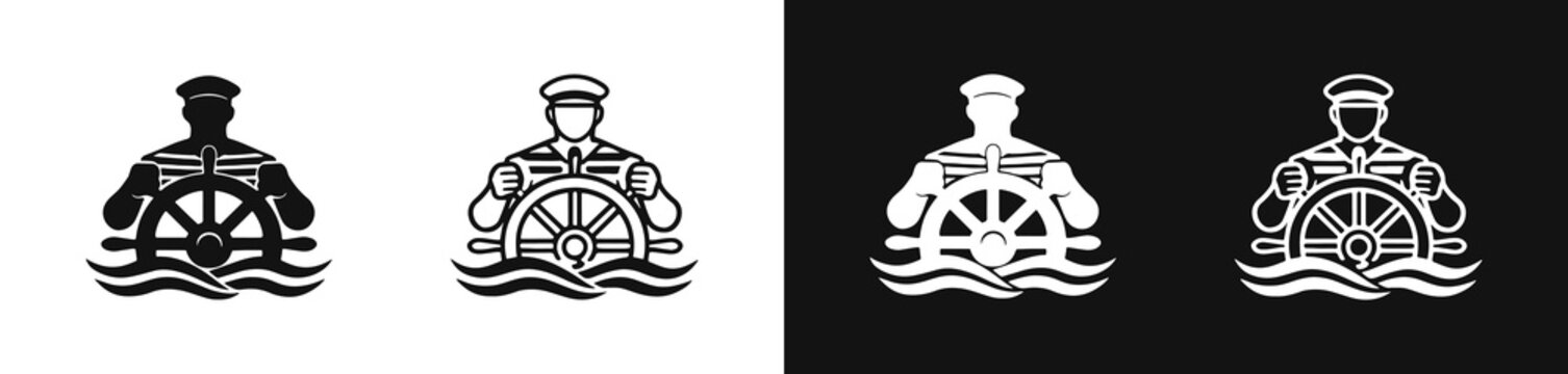 Sailor at the ship wheel icon set, captain navigating vessel, nautical logo collection