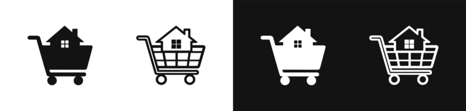 Property purchase icon set, house inside shopping cart symbol