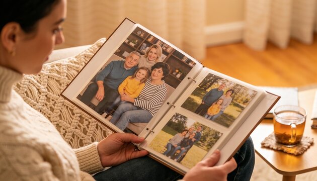 Holding ring-binder album woman in cream knit sweater flipping through family portraits on sofa