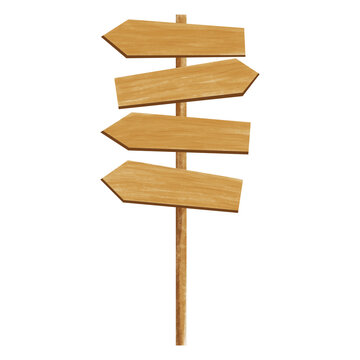 Blank wooden directional signboard with multiple arrows on a post, isolated on a transparent background for custom text and rustic concepts.