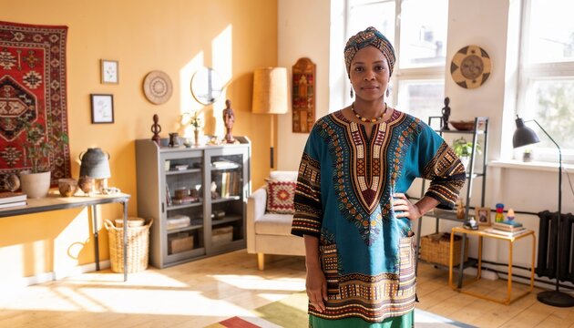 Standing woman wearing teal patterned dashiki and matching headwrap in living room, with tapestry