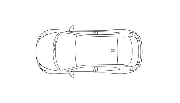 Minimalist top down outline drawing of a modern five door hatchback passenger car from above on a clean white background.