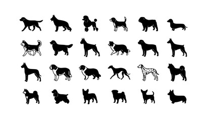 Dog Breed Silhouette Icon Set with Various Canine Profiles Isolated on White Background Vector Collection © MdAgijer