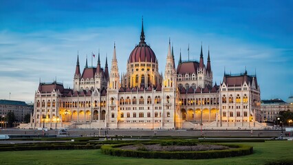 Obraz premium Illuminated Hungarian Parliament Building at Dusk, Budapest – Architectural Landmark of Hungary, European Travel Photography