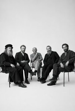 A professional black and white studio portrait featuring five diverse, mature men with various beard styles sitting on chairs against a plain white background.