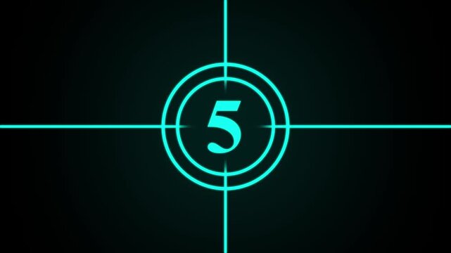 Cyan countdown leader featuring the number eight centered within concentric circles and intersecting crosshair lines on a black background