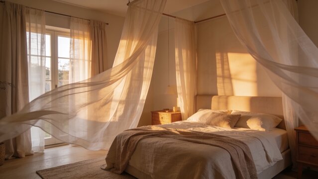 Streaming sunlight into bedroom through French doors, billowing sheer canopy curtains over bed