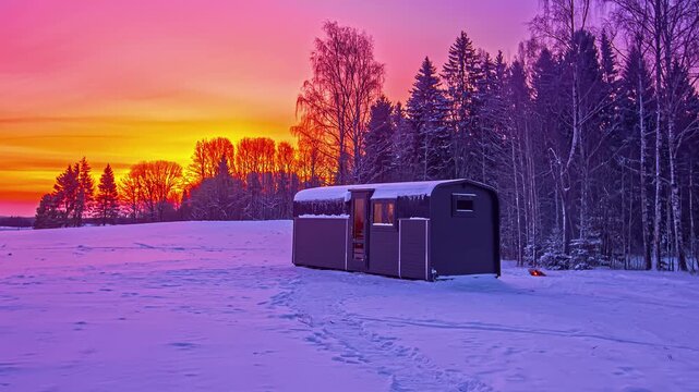 View of a modern tiny house glowing with warm light in a snow-covered field at twilight, surrounded by a winter forest in Latvia.
