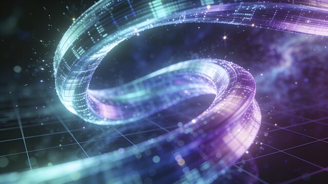 Glowing twisting ribbon made of pixel segments floating above dark grid plane, with bokeh sparkles