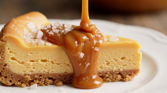 Close up shot of golden caramel sauce slowly drizzling over a creamy orange cheesecake slice topped with flaky sea salt grains
