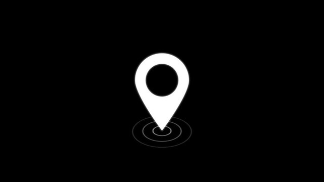 Crisp white location pin with subtle radiating circular waves at the base isolated on a solid black background for digital navigation and mapping