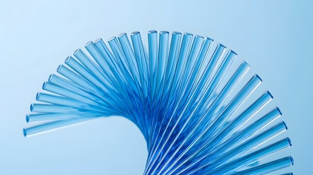 A blue plastic slinky toy curved in a wave shape isolated on a light blue background