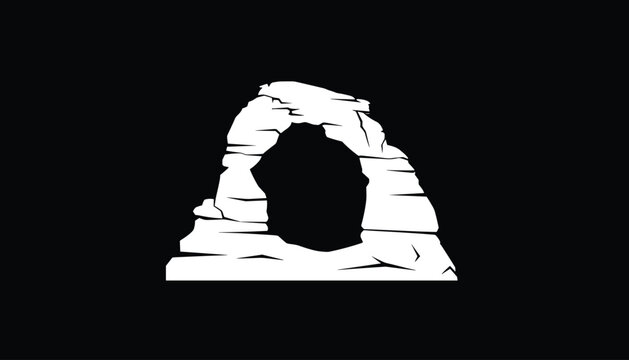 White silhouette of a famous natural stone arch rock formation isolated on a solid black background representing national park landmarks.