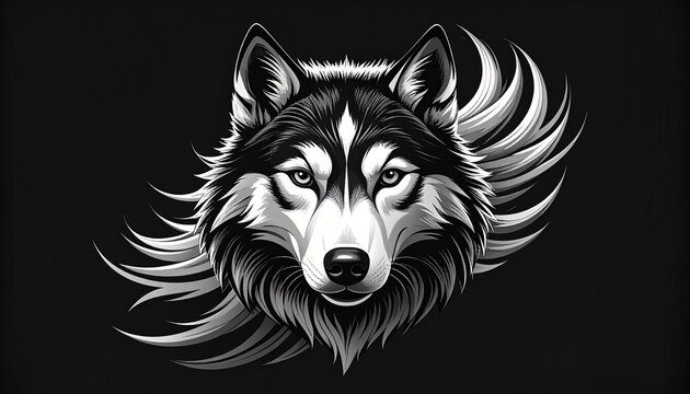 Striking black and white wolf portrait on black background