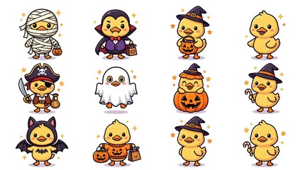 Obraz premium Set of cute cartoon halloween characters featuring baby chicks dressed in various spooky costumes on white background
