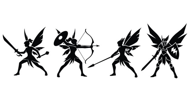 Four black silhouettes of mythical winged fairy warriors holding weapons like swords, spears, and bows in action poses.