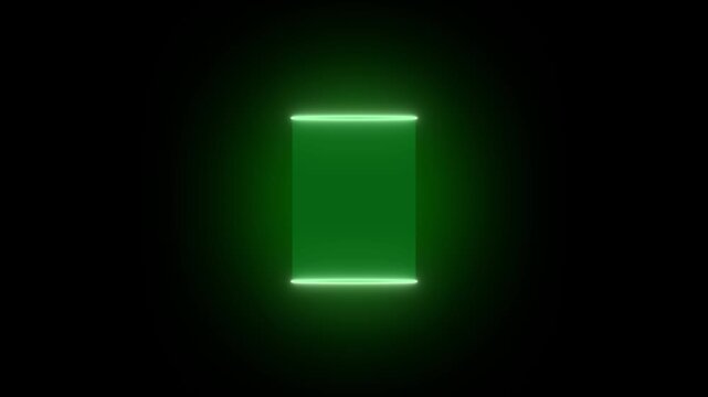Glowing neon green rectangle frame isolated on a dark black background with soft light diffusion and minimalist geometric border for digital